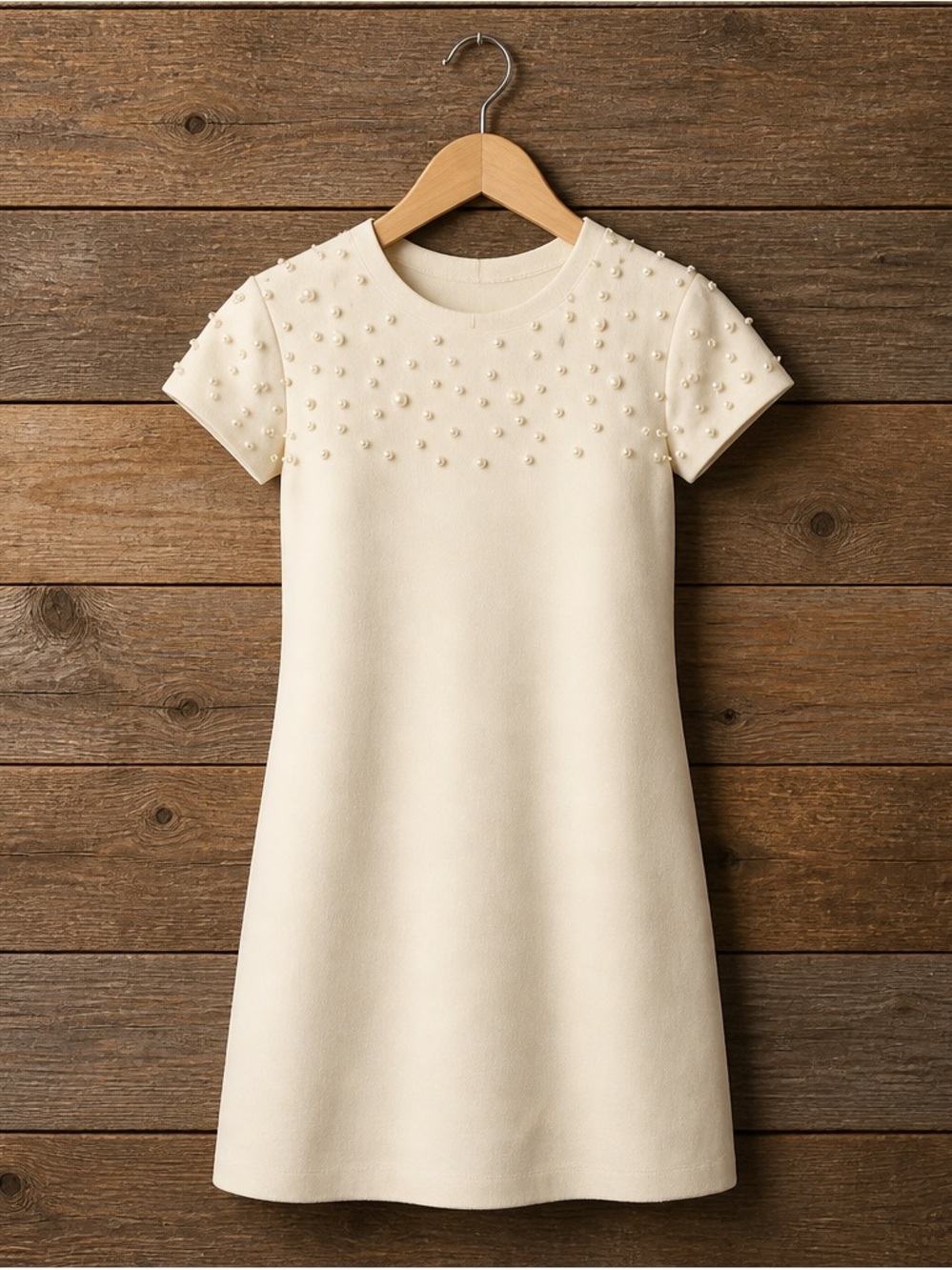 Zara Ivory Cream White Short Cap Sleeve Pearl Shift Knit Dress RARE ~ Size S